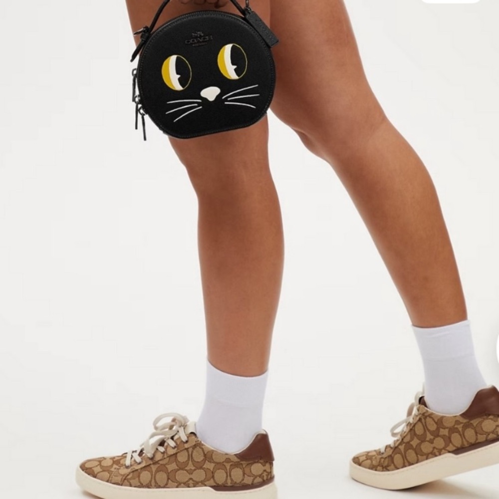 Coach Black Leather Cat Motif Round Crossbody with Yellow Eye Accents - Picture 3 of 11